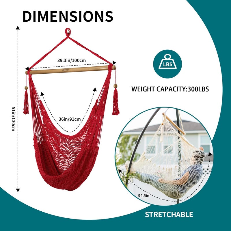 JoyView Hammock Chair with Spreader Bar Caribbean Hammock Swing Chair 300 LBS Weight Capacity XL Rope Hanging Chair for Outdoor Indoor Garden Yard - Red - Image 2